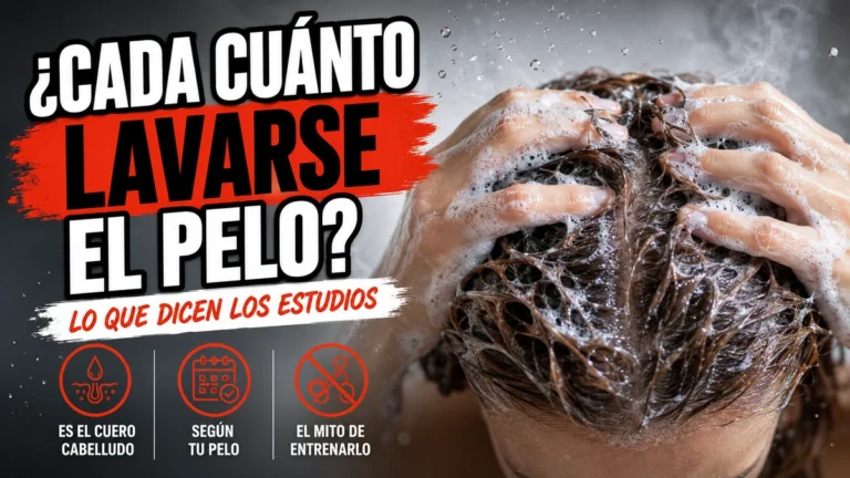 Manos enjabonando con espuma de champú el cuero cabelludo de una melena castaña mojada