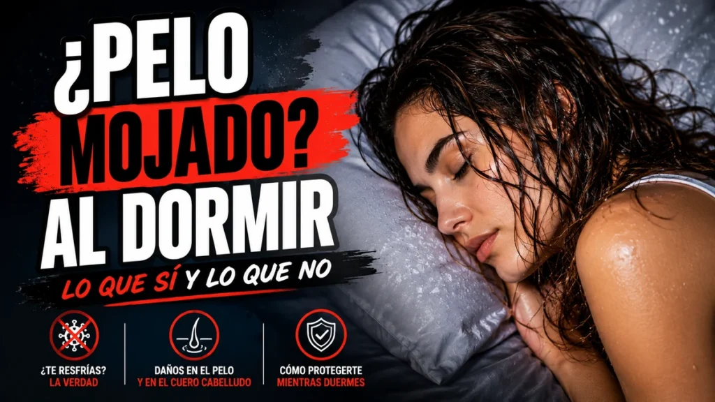 Mujer durmiendo de lado sobre una almohada gris con el pelo castaño largo todavía mojado