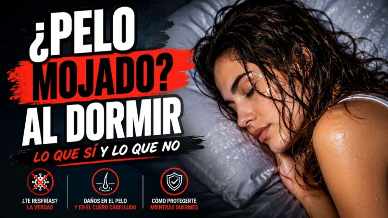 Mujer durmiendo de lado sobre una almohada gris con el pelo castaño largo todavía mojado