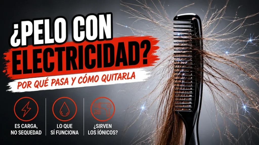 Peine negro en vertical con hebras de pelo castaño separándose en todas direcciones por electricidad estática