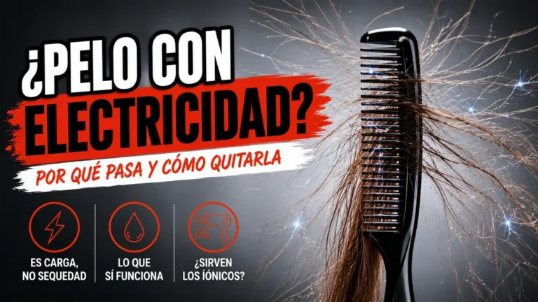 Peine negro en vertical con hebras de pelo castaño separándose en todas direcciones por electricidad estática