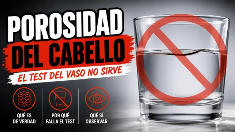 Vaso de agua con una hebra de pelo flotando en la superficie y un símbolo de prohibido superpuesto