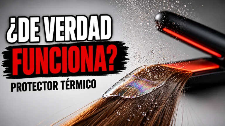 Mechón de pelo castaño cubierto por una película protectora iridiscente bajo una nube de spray, junto a una plancha de pelo con las placas al rojo